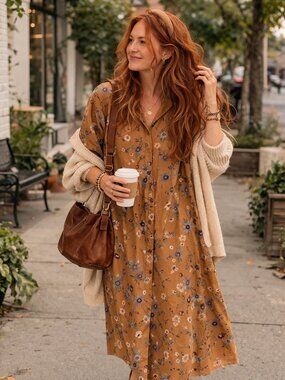 Oversized Tan Floral Housedress Dagg and Stacey Relaxed Fit Size 6 Midi